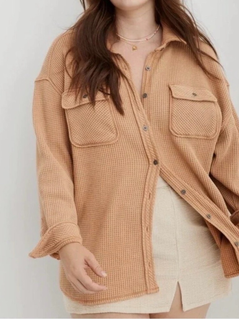 Aerie LumberjaneWaffle Knit Button-Up Shacket in Camel size small